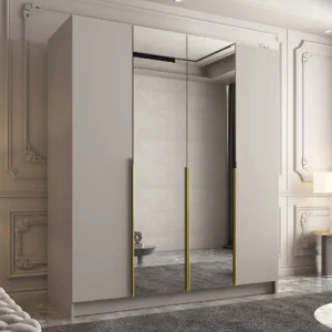 Dimensiuni: latime: 200 cm, inaltime: 215 cm, adancime: 58 cm, Detalii produs: placă laminată cu o grosime de 16 mm, margini PVC, perete posterior placă din fibre de lemn, balamale simple cu închidere silențioasă, mânere metalice, oglindă pe front, în interior tijă și polițe. Garantie: 24 luni Informații suplimentare: Mobilă furnizată în pachete pentru montaj individual
