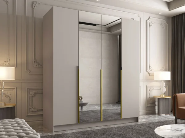 Dimensiuni: latime: 200 cm, inaltime: 215 cm, adancime: 58 cm, Detalii produs: placă laminată cu o grosime de 16 mm, margini PVC, perete posterior placă din fibre de lemn, balamale simple cu închidere silențioasă, mânere metalice, oglindă pe front, în interior tijă și polițe. Garantie: 24 luni Informații suplimentare: Mobilă furnizată în pachete pentru montaj individual